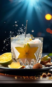 Dessert with star of carambola on top, bunch of fruit on side. For online cooking tutorials, food delivery apps, virtual cooking classes, digital restaurant menus, various contexts such as food blogs