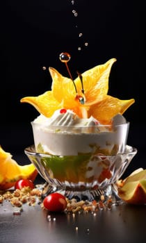 Delectable dessert with star-shaped of carambola design in center. For various contexts such as food blogs, restaurant menus, social media posts promoting desserts, food delivery apps, bunner