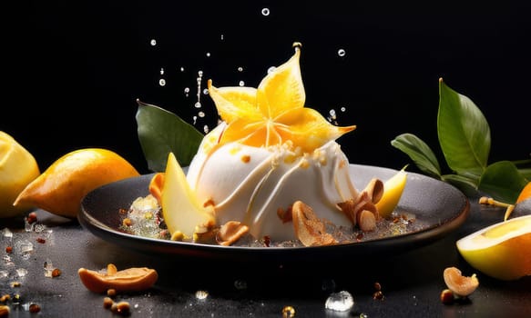 Delicious bowl of ice cream resting on wooden table. For various contexts such as food blogs, restaurant menus, social media posts promoting desserts, food delivery apps, bunner