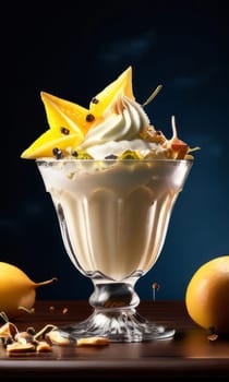Delicious bowl of ice cream resting on wooden table. For various contexts such as food blogs, restaurant menus, social media posts promoting desserts, food delivery apps, bunner