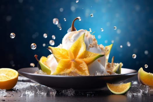 Delicious bowl of ice cream resting on wooden table. For various contexts such as food blogs, restaurant menus, social media posts promoting desserts, food delivery apps, bunner