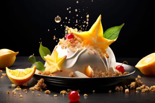 Delectable dessert with star-shaped of carambola design in center. For various contexts such as food blogs, restaurant menus, social media posts promoting desserts, food delivery apps, bunner