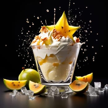 Delicious bowl of ice cream resting on wooden table. For various contexts such as food blogs, restaurant menus, social media posts promoting desserts, food delivery apps, bunner