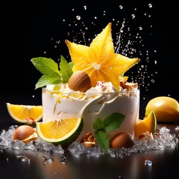 Dessert of ice cream with star shaped carambola garnish is made of crushed almonds, orange slices. For summer dessert, unique culinary presentation, digital restaurant menus, food delivery apps