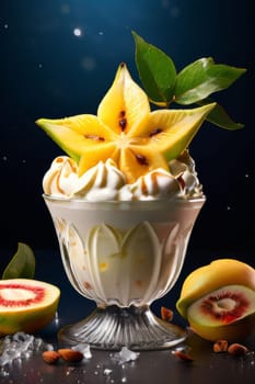 Dessert with star of carambola on top, bunch of fruit on side. For online cooking tutorials, food delivery apps, virtual cooking classes, digital restaurant menus, various contexts such as food blogs