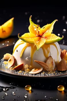 Bowl of ice cream with carambola, lemons garnish on top. For online cooking tutorials, food delivery apps, virtual cooking classes, digital restaurant menus, various contexts such as food blog, bunner