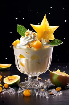 Delicious bowl of ice cream resting on wooden table. For various contexts such as food blogs, restaurant menus, social media posts promoting desserts, food delivery apps, bunner
