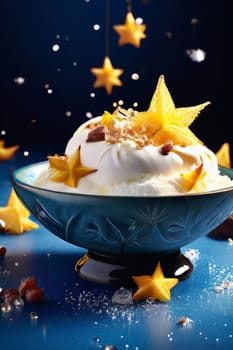 Delectable dessert with star-shaped of carambola design in center. For various contexts such as food blogs, restaurant menus, social media posts promoting desserts, food delivery apps, bunner