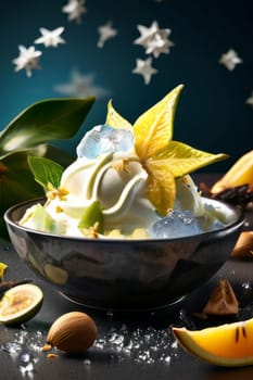 Dessert with star of carambola on top, bunch of fruit on side. For online cooking tutorials, food delivery apps, virtual cooking classes, digital restaurant menus, various contexts such as food blogs