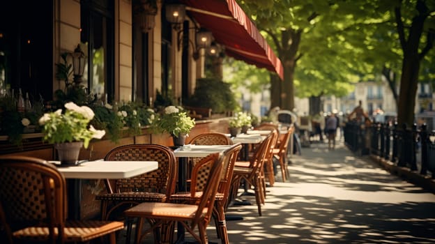 serene atmosphere of an empty street cafe with wicker chairs and tables lining the sidewalk, bathed in the warm glow of the early morning sun - Generative AI