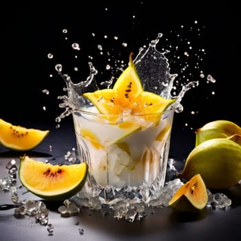Dessert with star of carambola on top, bunch of fruit on side. For online cooking tutorials, food delivery apps, virtual cooking classes, digital restaurant menus, various contexts such as food blogs
