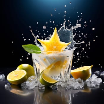 Bowl of ice cream with carambola, lemons garnish on top. For online cooking tutorials, food delivery apps, virtual cooking classes, digital restaurant menus, various contexts such as food blog, bunner