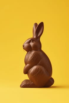 A chocolate bunny sits elegantly against a vibrant yellow backdrop, embodying the spirit of Easter festivities - Generative AI