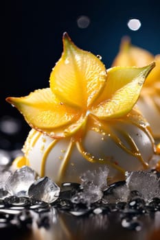 Delicious bowl of ice cream resting on wooden table. For various contexts such as food blogs, restaurant menus, social media posts promoting desserts, food delivery apps, bunner