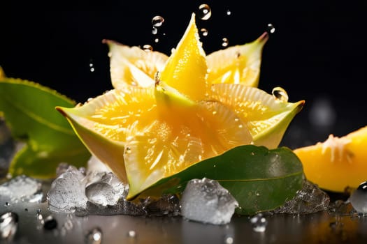 Delectable dessert with star-shaped of carambola design in center. For various contexts such as food blogs, restaurant menus, social media posts promoting desserts, food delivery apps, bunner