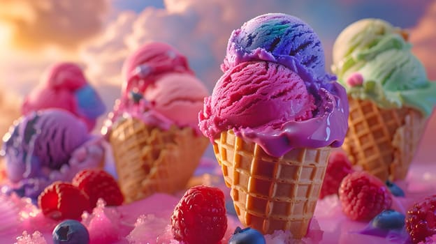 An assortment of vibrant ice cream cones topped with fresh raspberries and blueberries creating a colorful and delicious frozen dessert display