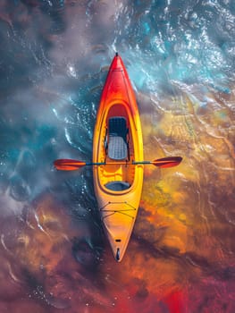 A red and yellow kayak, resembling a painting, floats in the water with a shark fin nearby, creating a colorful scene from above