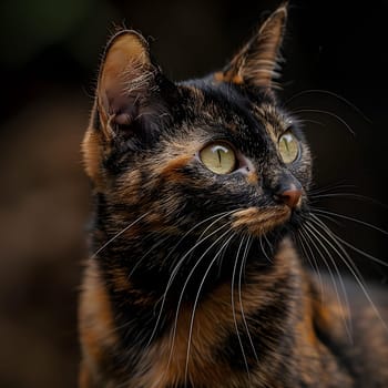 A domestic shorthaired felidae with calico fur and green eyes. This small to mediumsized carnivore is gazing up at the camera with its whiskers in full view, standing on the grass in darkness