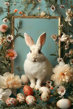 A domestic rabbit is peacefully surrounded by colorful flowers and Easter eggs in a beautiful natural setting, showcasing the harmony between the organism and nature