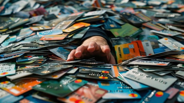 Credit bureau, a sea of credit cards, a hand is trying to reach out under the pile of credit cards.