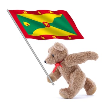 A Grenada flag being carried by a cute teddy bear