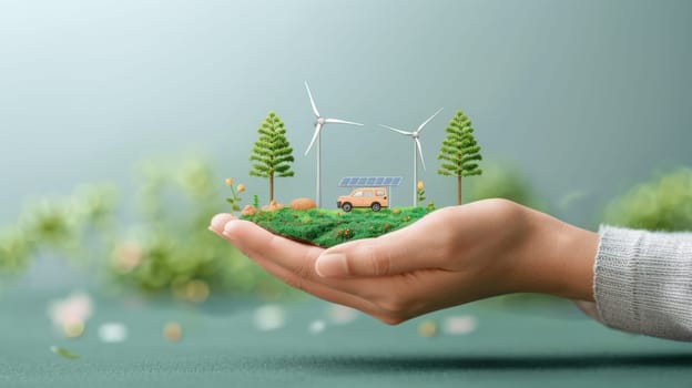 a hand holding symbol of green energy and renewable fuel, wind power, solar power, electric vehicles.