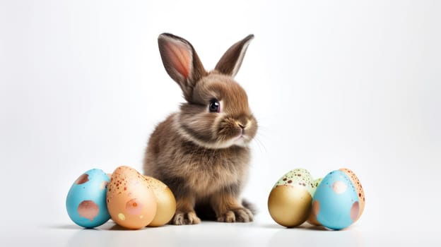 Adorable small brown rabbit behind pile of speckled chocolate Easter eggs. Cute bunny with colorful eggs, festive spring decoration capturing essence of Easter holiday.
