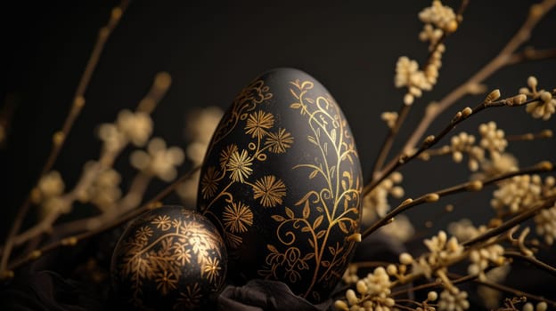 Gold metallic and black Easter Eggs on dark Background. Happy Easter eggs.