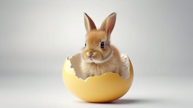 A cute baby rabbit in a broken eggshell, perfect for Easter projects. The rabbits ears are perked up and eyes wide open, looking out of the shell on a white background.