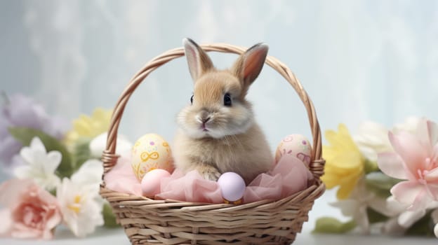 A fluffy white rabbit with long ears in a basket surrounded by Easter eggs on a blue background. Curious expression, vibrant colors. Ideal for Easter or spring projects.