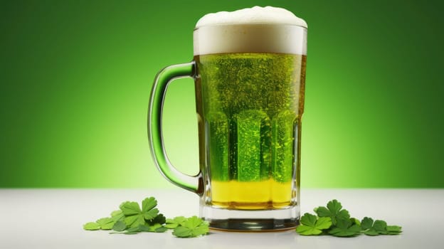 Close-up of a glass of light beer with foamy head on a white surface. Green clovers symbolize St. Patricks Day celebration and luck. Vibrant image captures holiday joy.