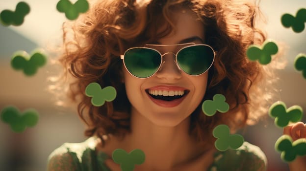 Close-up portrait of a young woman with brown hair, wearing stylish sunglasses. Her radiant smile exudes confidence and happiness as she poses in a studio setting against a vibrant green background.