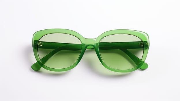 These stylish brown retro sunglasses with circular frames rest elegantly on a bed of vibrant green four-leaf clovers, basking in the warm glow of the sunlight in a picturesque scene.