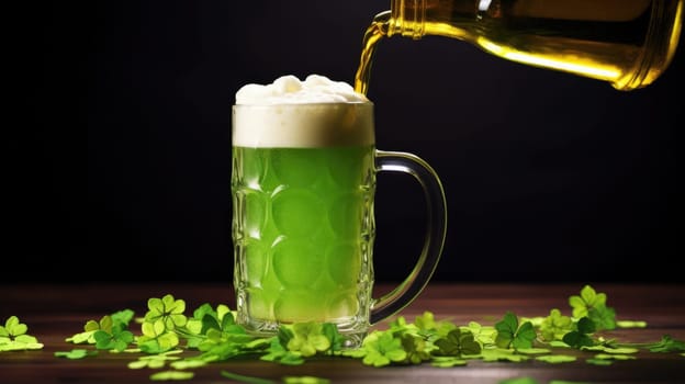 Hand pouring green beer in mug with green four-leaf clover on dark background St. Patricks Day.