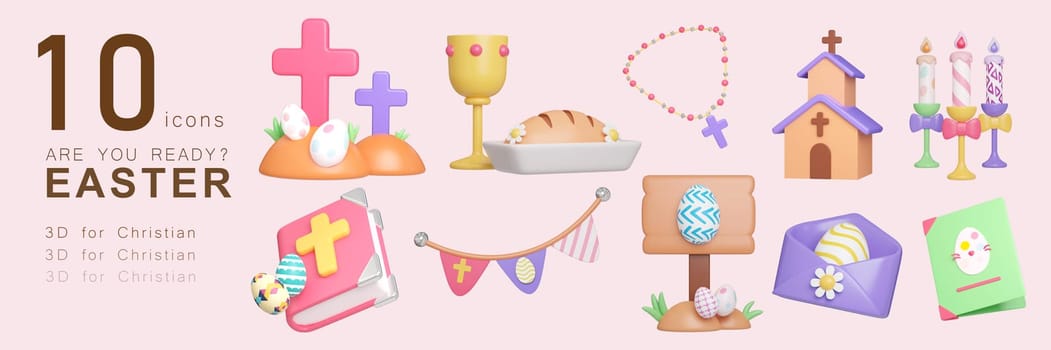3D illustrated cute festive set of shopping Easter Egg icons. cart, egg, sign, gift, calendar, rabbit, cake, tags, chick, 3D Illustration Easter festive..