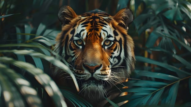 A Bengal tiger, a member of the Felidae family and a carnivorous terrestrial animal, is standing in the jungle, its whiskers twitching as it gazes at the camera