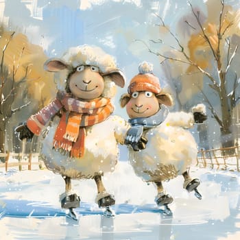 Two cartoon sheep wearing scarves and hats are joyfully ice skating on a freezing sky with snow falling around a beautiful winter landscape