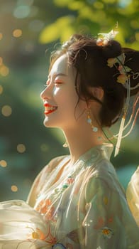 A happy woman in a kimono is smiling while holding a fan at an event. The portrait captures the art and entertainment of people in nature, surrounded by grass, having fun