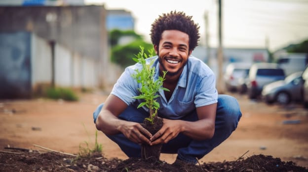 Happy afro american man planting a tree. Environmental protection and conservation concept.