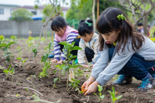 Children lean farming to protect the ecosystem. Sustainability concept.