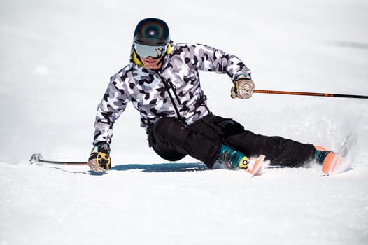 Expert skier on the slopes of Grandvalira in Andorra in Winter 2024.