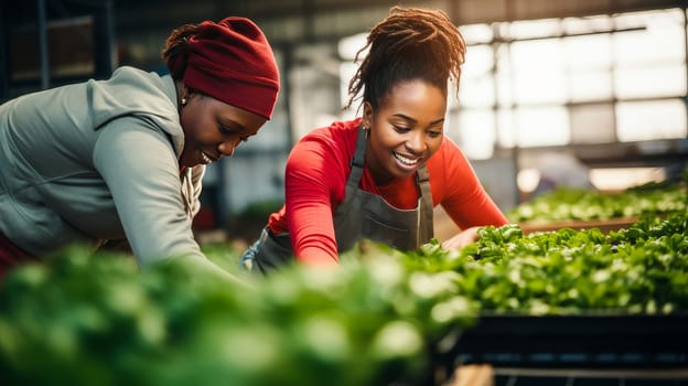 Two dark-skinned African American women plant and care for plants in a greenhouse. The concept of recycling, saving, no plastic, proper nutrition, healthy lifestyle, diet, veganism, vegetarianism. Gardening and horticulture, biology, greenhouse