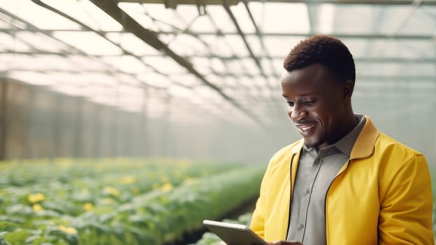 A dark-skinned African American man gadget, laptop, tablet planting and caring plants, seedlings, vegetables in a greenhouse. proper nutrition, healthy lifestyle, diet, veganism, vegetarianism. Gardening and horticulture, biology, greenhouse, farming