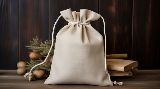 Light Fabric Bags Made of Natural Fabric. Recycling concept, excess consumption, Plastic free, linen fabric, wooden background, reusable, cereal bag, food, supplies, provisions