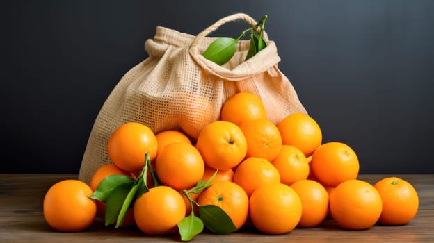 A large number of orange tangerines in a bag made of natural fabric on a plain background. The concept of recycling, saving, no plastic, proper nutrition, healthy lifestyle, diet, veganism, vegetarianism, gardening and farming, fresh fruit