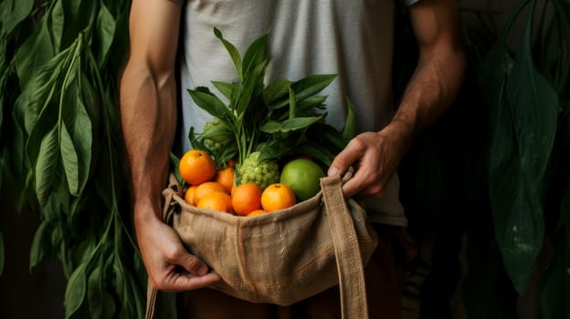 concept of recycling, saving, fighting plastic, proper nutrition, healthy lifestyle, diet, veganism, vegetarianism, gardening and farming, fresh fruit. A man holds in his hands a large amount of fruits and vegetables in a bag made of natural fabric.