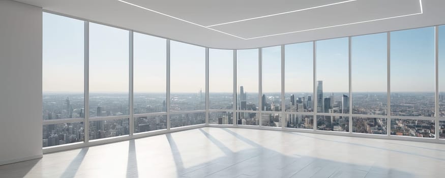 Empty office, high-rise building, city skyline view