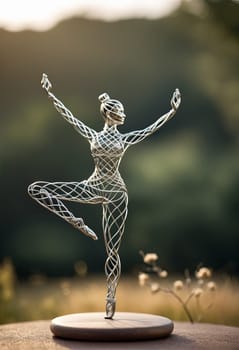 Woman in yoga pose, bent wire figure on nature backdrop, Creative figures symbol of tranquility, art and serenity intersection