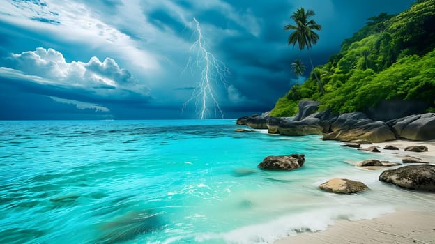 tropical beach view at cloudy stormy day with white sand, turquoise water and palm trees. Neural network generated image. Not based on any actual scene or pattern.