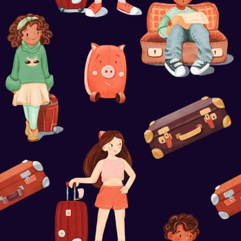 Seamless pattern of girl with luggage, a dark-skinned smiling girl, boy sits in open empty brown retro suitcase. Surprised looks at the todolist. travel concept. watercolor illustration of a teenager.